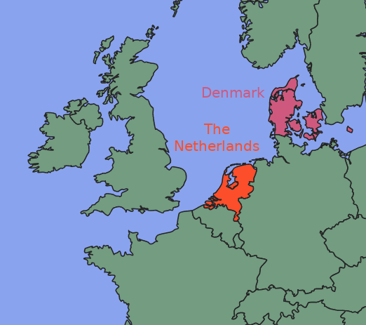 map of the Netherlands and Denmark
