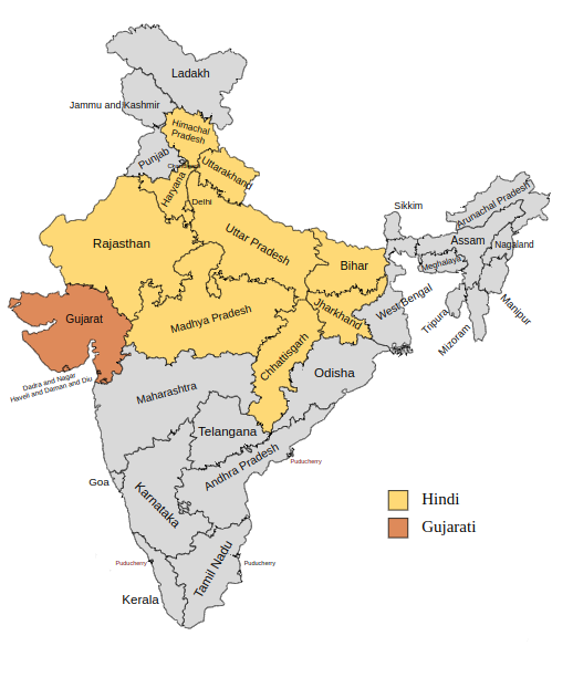 Map of Gujarati and Hindi-speaking regions