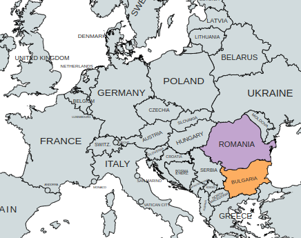 Map of Europe showing Romania and Bulgaria