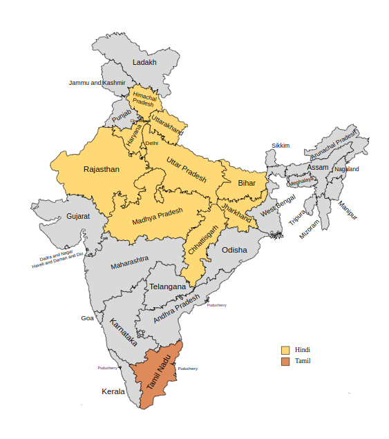 Map of Tamil and Hindi-speaking regions