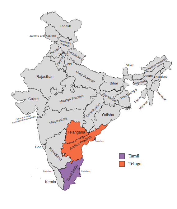 Map of Tamil and Telugu-speaking regions